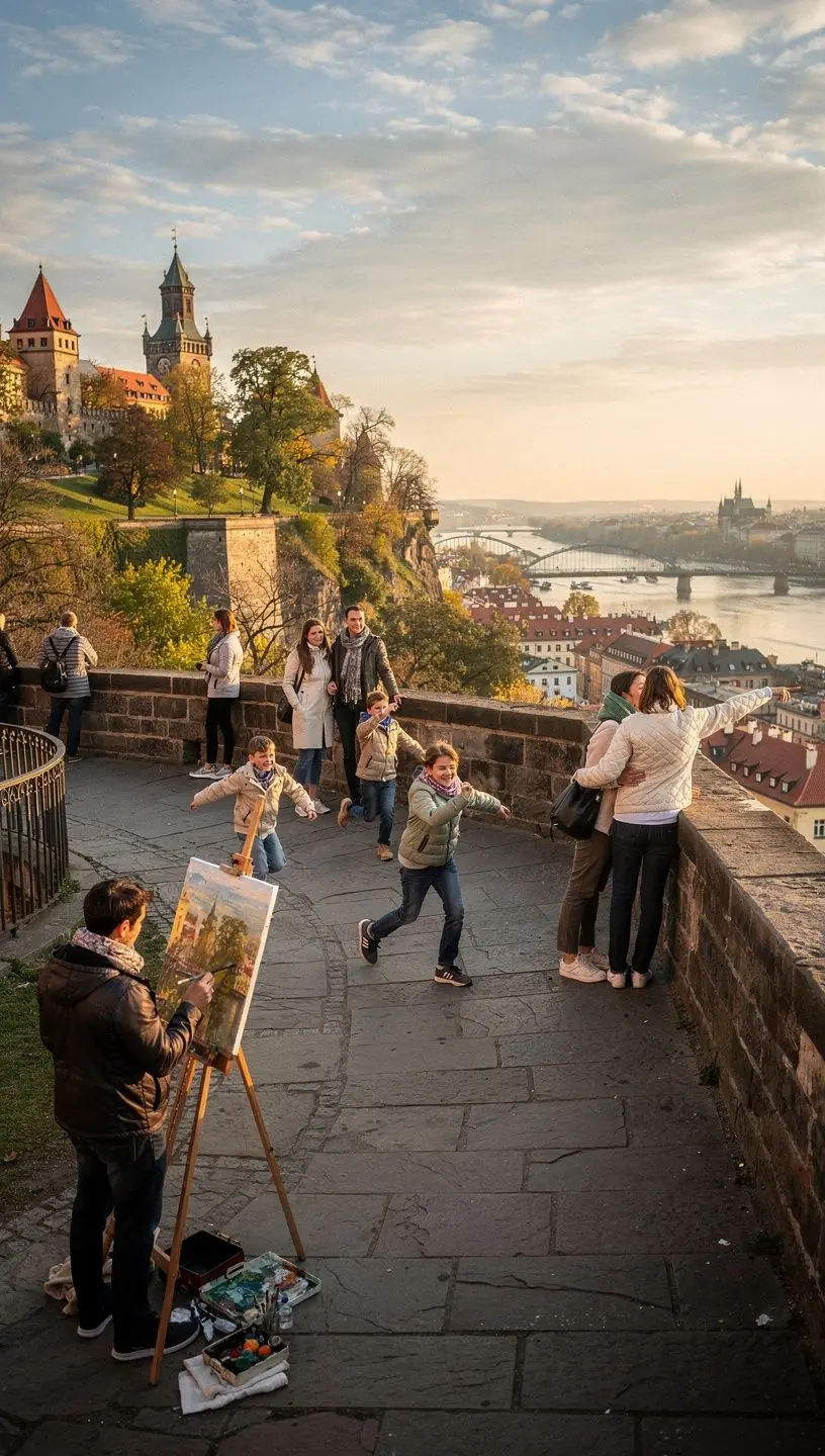 Skupina turistů obdivující výstavu tradičního českého umění.